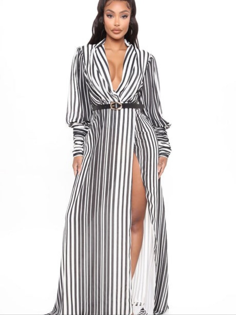 Fashion Nova Nora Black White Striped Deep V-Neck Maxi Dress Size XL NWT